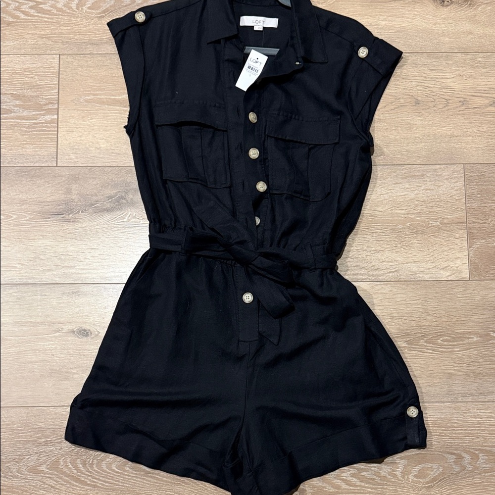 LOFT Black Cap Sleeve Button-Front Tie-Waist Romper